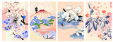 Fototapeta Młodzieżowe - Set of Japanese background. Ukiyoe traditional illustration of landscape, mountains, pagoda, Sakura.