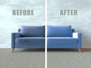 Dirty and clean sofa before and after dry cleaning in room. Blue soft sofa dirt stains. Sofa straight view, dirty half and clean half. Concept for a cleaner, cleaning company, 3d illustration