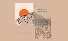 Mountain Adventure Print Design For T Shirt And Others. Wooden Texture Graphic Artwork For Sticker, Poster, Background.