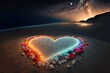© QuietWord - illustration of romantic heart shape with glow light water puddle after tide at night time, idea for romantic love travel theme