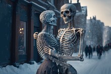 Illustration In Them Of Eternal Love Groom And Bride Skeletons Cuddle Romantic Scene With Urban Townscape In Winter Season, Cold Freezing Snow Fall As Background