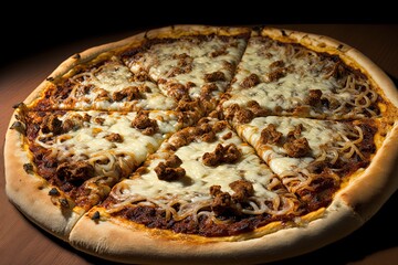 Wall Mural - illustration of huge close-up homemade style pizza with full topping, Italian sausage caramelized pizza	
