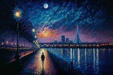 Oil Painting Style Illustration Of Town Landscape In Night Time, Bangkok City, Thailand, 