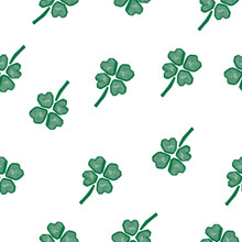 Seamless Pattern Designed With Green Lucky Four-leaf Clover Drawn With Gouache, Recommended For Wrapping Paper, Textile Pattern And Wallpaper