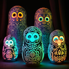 Ornamental Matryoshka Russian Dolls with luminous flourescent patterns