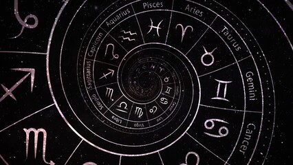 zodiac astrology signs for horoscope, infinite zoom and tunnel effect on black and white. good for b
