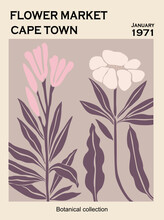 Flower Market Cape Town Abstract Poster. Trendy Botanical Wall Art, Vintage Floral Design, Danish Pastel Colors. Modern Naive Groovy Hippie Interior Decoration, Painting. Retro 70s Vector Illustration