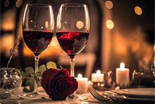 Glass Of Wine With Rose For Romantic Atmosphere