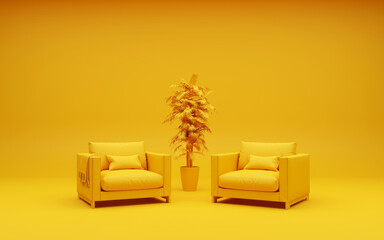 Monochrome yellow interior. Two armchairs and a potted flower. 3D visualization