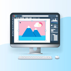 Wall Mural - web design banner. computer with picture on the screen. ui-ux design, website development concept. w