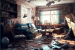 Chaotic living room interior after strong earthquake, front view. Generated AI