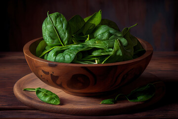 Young spinach in wooden bowl
