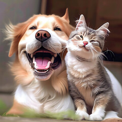 Happy dog and cat friends posing together