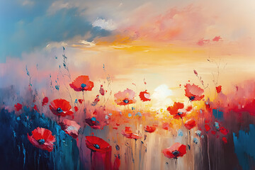 Wall Mural - Painting with poppy meadow at sunrise in modern impressionism style, soft sunlight illuminated clouds