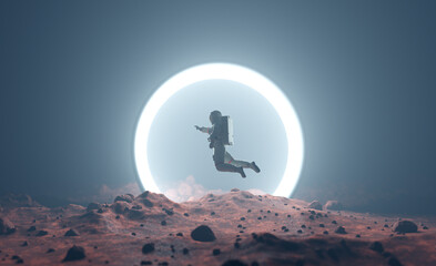 Wall Mural - astronaut on alien planet entering spacetime portal light