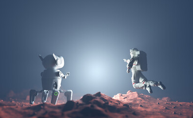 Wall Mural - astronaut and ai robot explore alien planet.