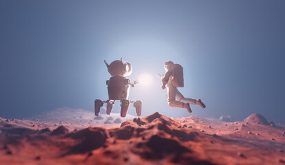 Wall Mural - astronaut and ai robot explore alien planet.