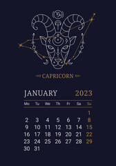 Wall Mural - 2023 Astrology wall monthly calendar with Capricorn zodiac sign. Vertical january calendar template with zodiac constellation and stars on blue sky, week starts on Sunday thin line vector illustration