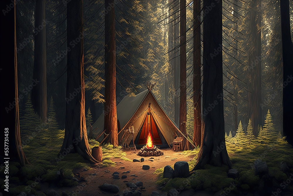 camping at night in the forest with camp fire Stock Illustration ...