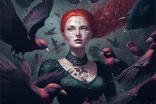 A Red-haired Girl Surrounded By A Flock Of Birds