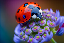Ladybug On Flower Macro Closeup Generative AI