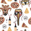 Hand drawn. Watercolor illustration. Cute cartoon. Venice elements. Italian food. Olive, mask, pizza. Bootle of wine. Olives, stamp.