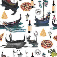 Hand Drawn. Watercolor Illustration. Cute Cartoon. Venice Elements. Gondola, Mask, Pizza.