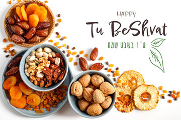 Wall Mural - Mix of dry fruits and nuts   in a wicker plate, branch with young green leaves. Concept of the Jewish holiday. Vertical banner with the inscription Tu Bishvat in English and Hebrew