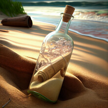 Glass Bottle In Sand On A Beach, Generative Ai