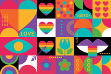 Rainbow Background With Hearts. LGBT  Pride Design. Rainbow Community Pride Month. Love, Freedom, Support, Peace. Poster With LGBT Rainbow Flag, Heart And Love. Colorful Social Media Post Template