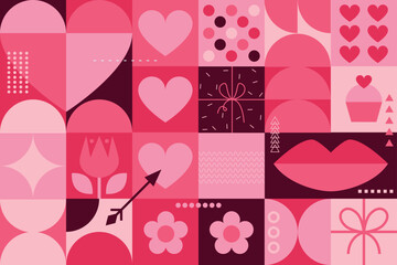 Wall Mural - valentine's day background. love and heart. trendy geometric shapes with circles, squares and hearts