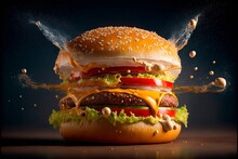 Big Burger Hamburger Cheeseburger Symbol For Fast Food Or Street Food Design. Logotype For Restaurant Or Cafe. 