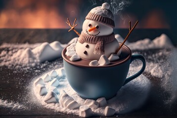 Wall Mural - ice freezing cup of chocolate with cute marshmallow snowman