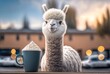 illustration of chocolate cup with full topping with cream marshmallow and whipping cream, cute alpaca hungry looking at cup