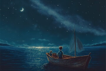 Wall Mural - A boy looks at a boat under the night sky