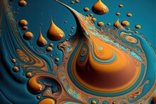 A Painting Of Liquid And Bubbles On A Blue Background With A Yellow Droplet In The Center Of The Image., Generative Ai