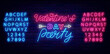 © Anastasia Gapeeva - Valentines day party neon label. Shiny lettering with arrow. Luminous pink and blue alphabet. Vector illustration