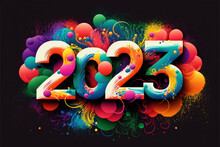 New Year, 2023, fun 3D effect, paint color splashes. Joyful and colorful logotype. For articles, banners or cards.