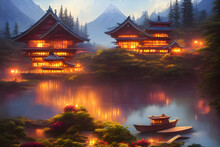 Japanese Wooden House With Lake And Mountains Concept Art