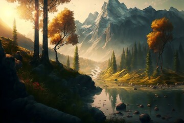 Wall Mural - Fantasy forest landscape illustration
