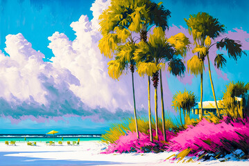 Wall Mural - Florida beach with palm trees and pink muhly hair grass, acrylic painting. Generative AI