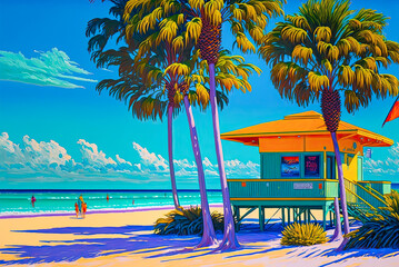 Wall Mural - Florida beach with palm trees, lifeguard tower and people, acrylic painting. Generative AI