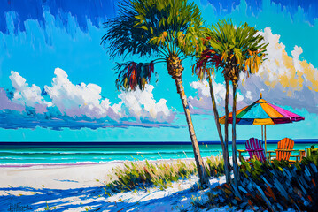 Wall Mural - Florida beach with two beach chairs, umbrella and palm trees, acrylic painting. Generative AI