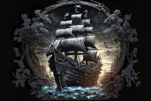 Pirate Sailing Ship Gold And Silver Logo In Neverland With Black Background