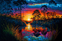 Florida Everglades Sunset, Acrylic Painting. Generative AI