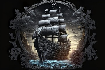 Wall Mural - Pirate sailing ship gold and silver logo in Neverland with black background