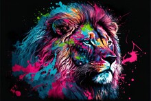 Painted Animal With Paint Splash Painting Technique On Colorful Background Lion