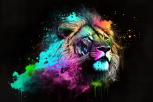 Painted Animal With Paint Splash Painting Technique On Colorful Background Lion