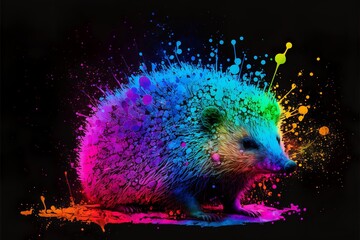 Painted animal with paint splash painting technique on colorful background hedgehog