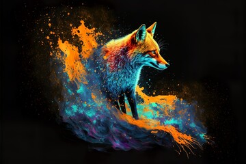 Wall Mural - Painted animal with paint splash painting technique on colorful background fox